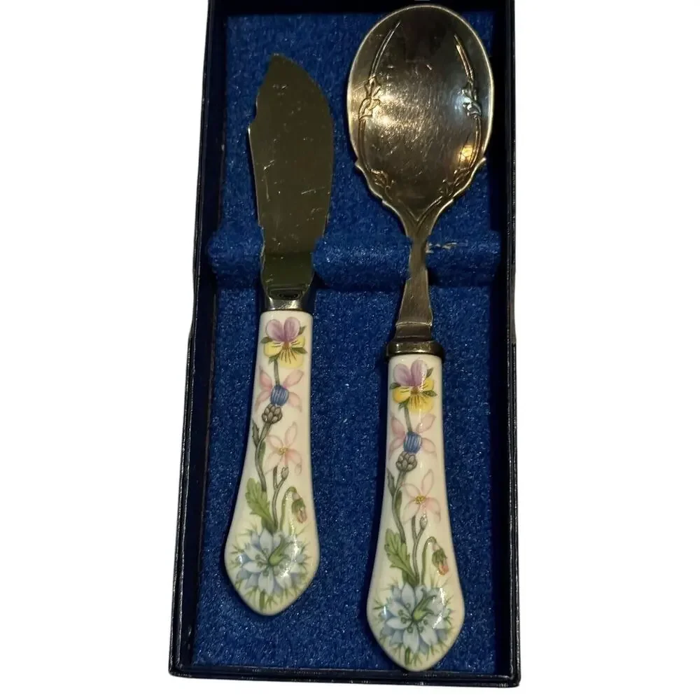 Aynsley Jam Spoon and Butter Knife Boxed Set w/Porcelain Handles VTG‎ England